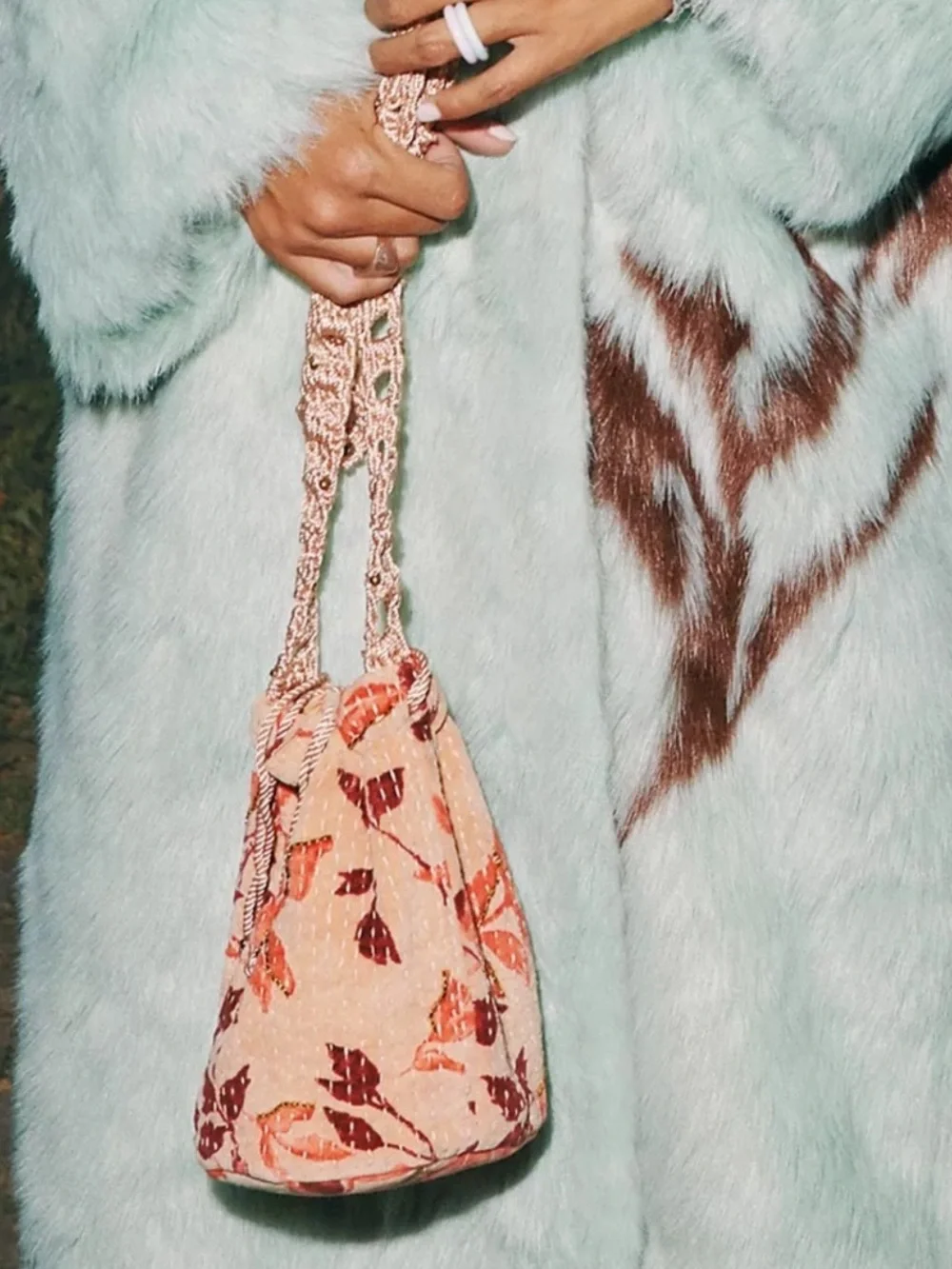 Free People Velvet Moon Crossbody Bag Drawstring Pink Floral Boho Festival